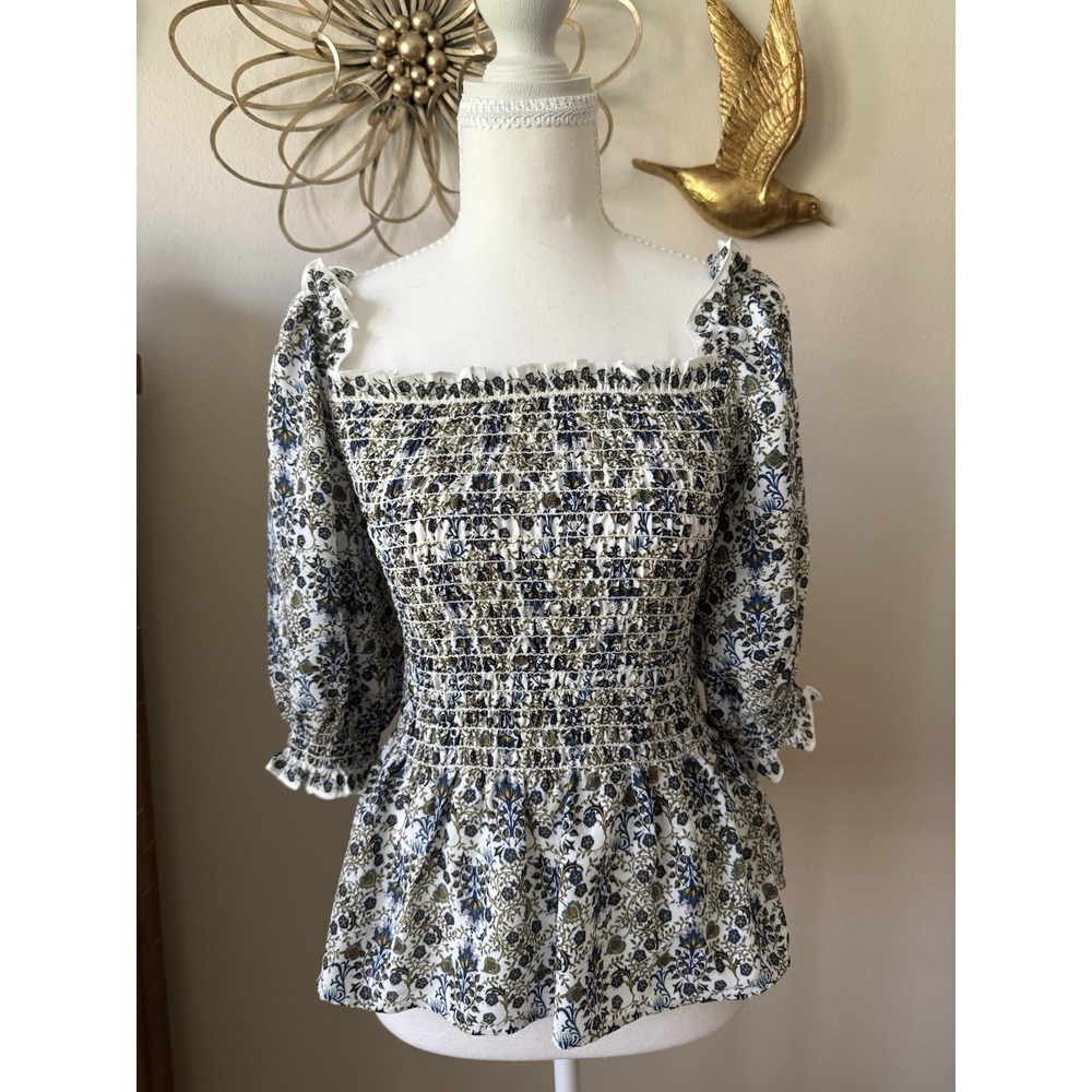 Max Studio Floral Smocked Peplum Blouse Puff Sleeve Square Neck XS Cottage
